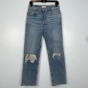 RE/DONE Women’s 70s‎ Stove Pipe Jeans Destroyed Dawn Sz 29 Distressed Raw Hem